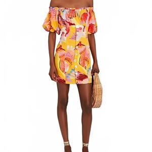 Farm Rio Neon Macaws Mini Dress Off The Shoulder Puff Sleeve Women's Size XL